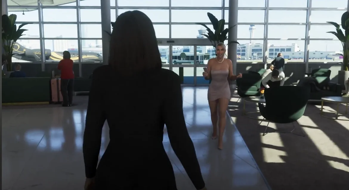 GTA 6 airport scene with a pale fitted dress in a bright modern terminal