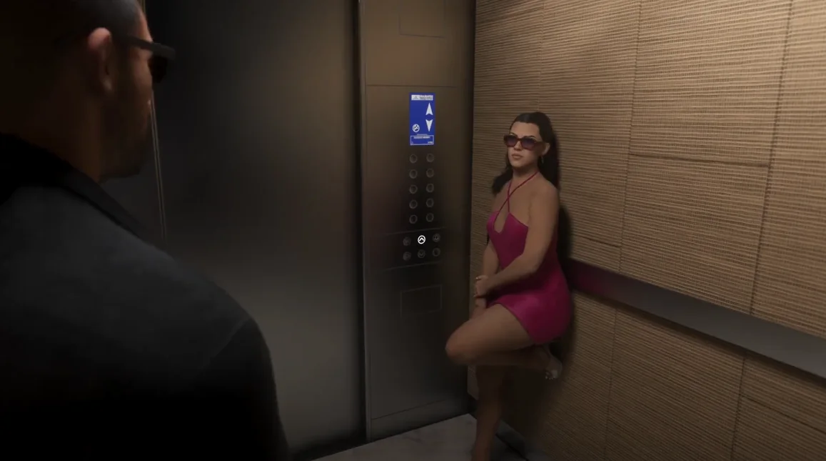 GTA 6 scene showing Lucia in a vivid pink halter mini dress and sunglasses