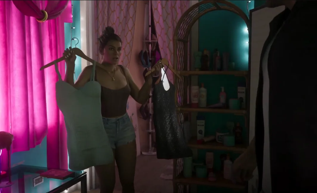 GTA 6 wardrobe scene with Lucia comparing a pale mini dress and a black textured dress