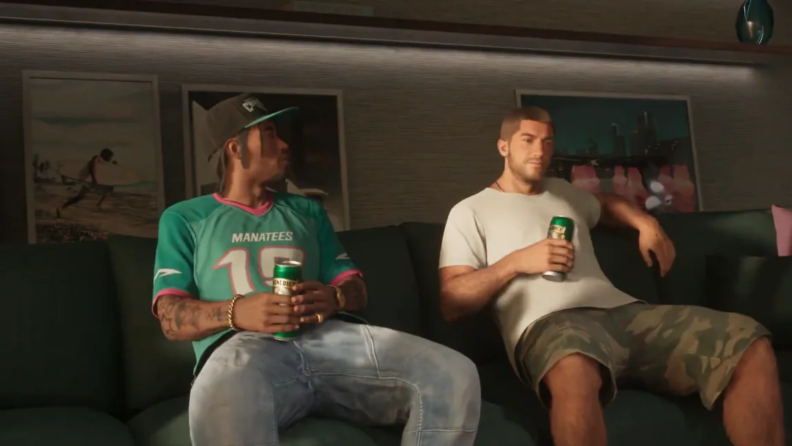 GTA 6 scene comparing a teal sports jersey with baggy jeans and a white T-shirt with camouflage shorts