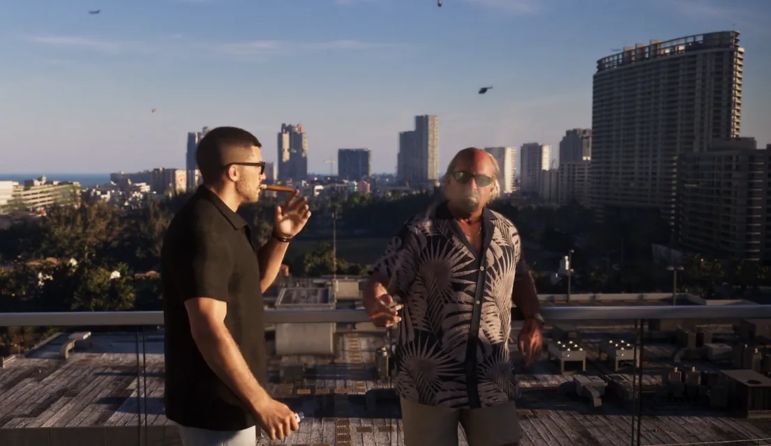 GTA 6 rooftop scene comparing a black polo outfit and a tropical camp-collar shirt