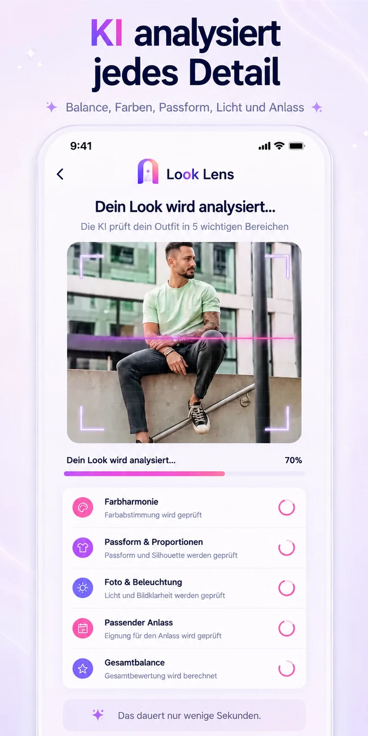 Look Lens analysiert Farbharmonie, Passform, Proportionen, Fotobeleuchtung, Anlass und Balance