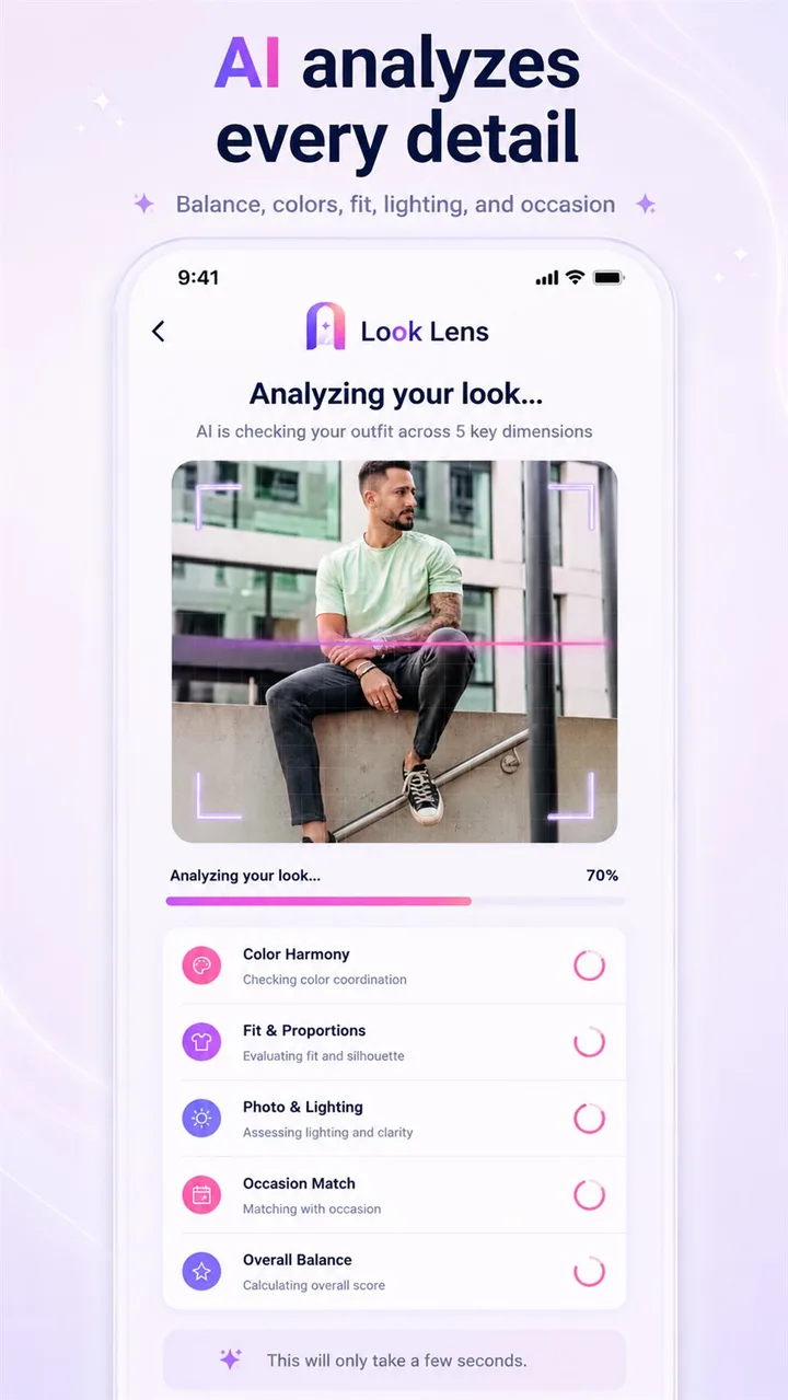 Look Lens analyzes color harmony, fit, proportions, photo lighting, occasion, and balance