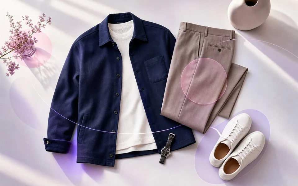 Smart-casual outfit arranged for style analysis
