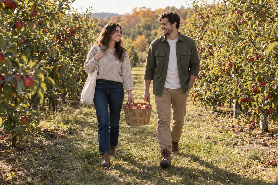 Two adults in knitwear, jeans and boots carrying a basket of apples along a sunny orchard path