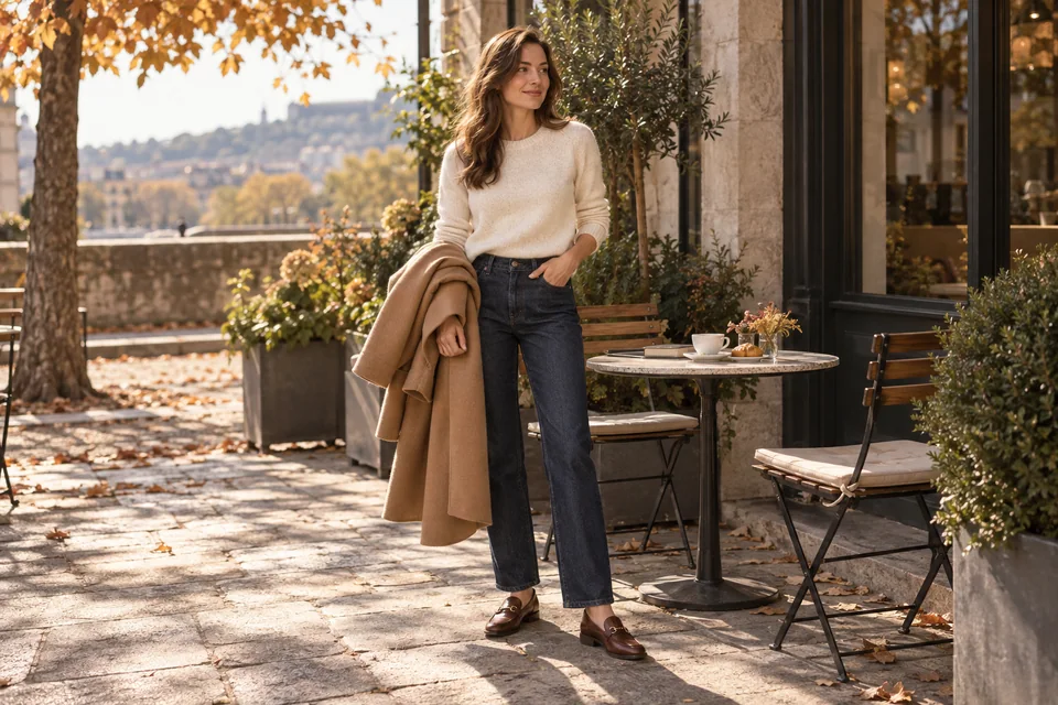 Woman in a cream knit sweater, indigo jeans and brown loafers beside an autumn café table