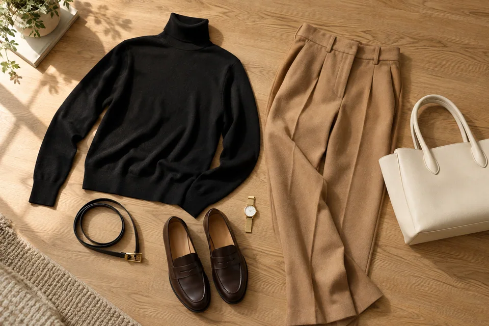 Schwarzer Rollkragenpullover mit Kamelhose, braunen Slippern, einer cremefarbenen Tragetasche und einem schwarzen Gürtel auf einem Holzboden