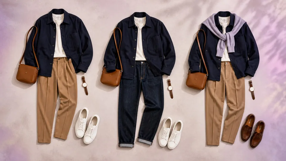 Three outfits built by reusing a navy overshirt, neutral basics, trousers, jeans, shoes and accessories