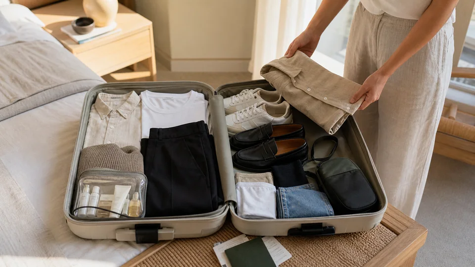 Open beige carry-on suitcase packed with folded neutral clothes, sneakers, loafers, toiletries, and a small crossbody bag