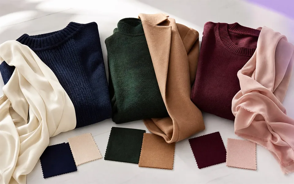 Clothing arranged in balanced neutral and accent color combinations