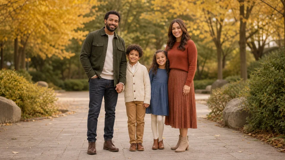 Family of four in coordinated olive, rust, cream, camel, and muted blue outfits standing in an autumn park
