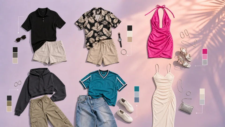 Six Vice City-inspired outfit formulas arranged as a fashion analysis moodboard
