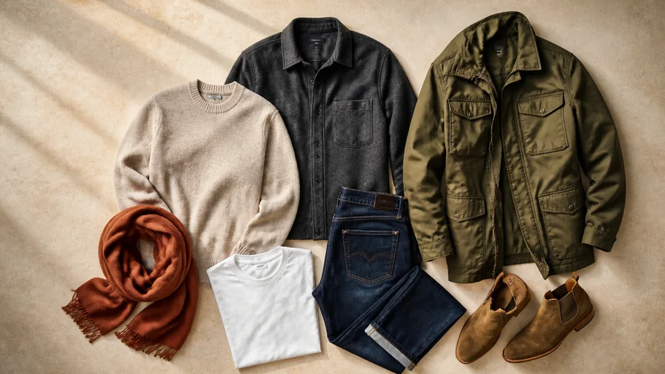 Oatmeal sweater, charcoal overshirt, white T-shirt, jeans, olive jacket, tan boots and rust scarf arranged on stone