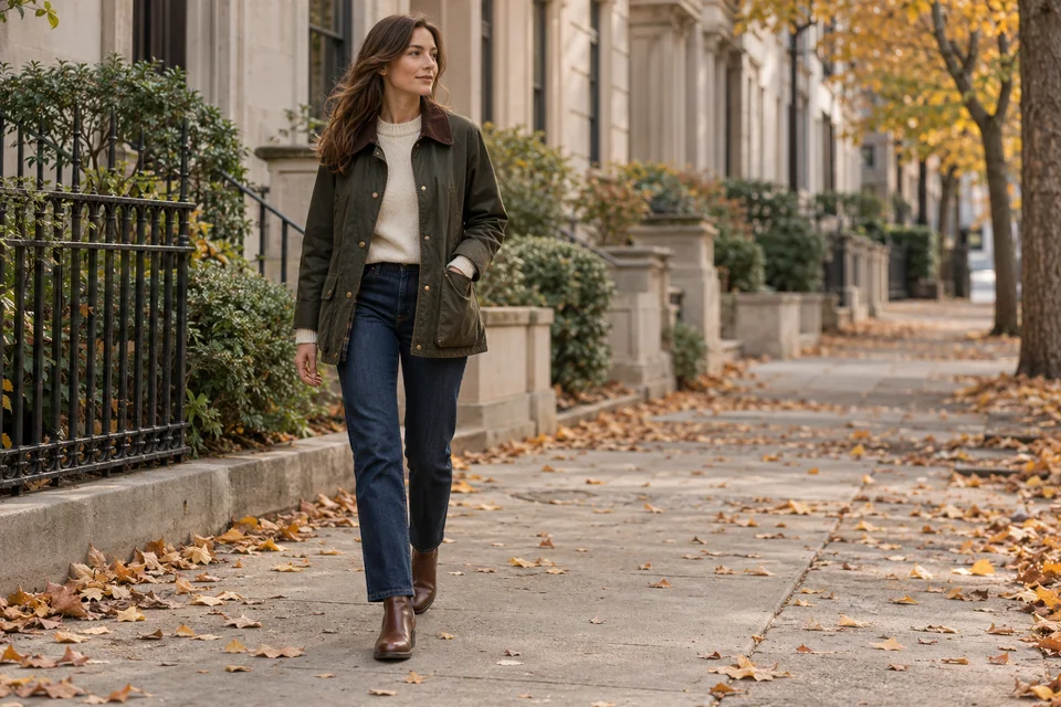 Woman in a dark olive barn jacket, ivory knit, dark indigo jeans and brown ankle boots walking on an autumn city sidewalk