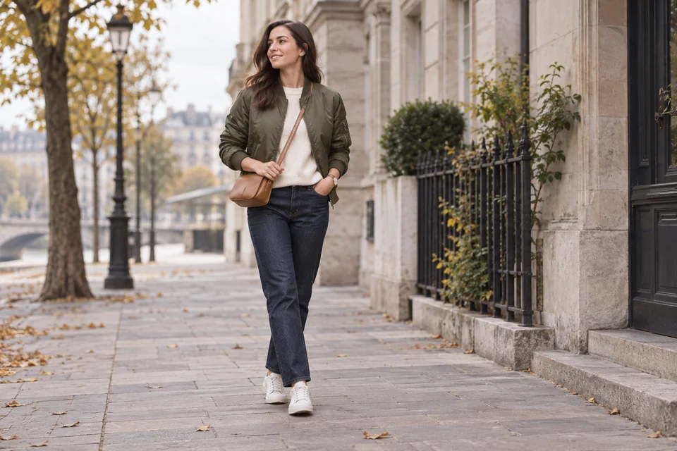 Person in einer Olivenbomberjacke, Strickware, dunkle Jeans und weiße Ledersneaker, die auf einer frühen Herbststraße spazieren gehen
