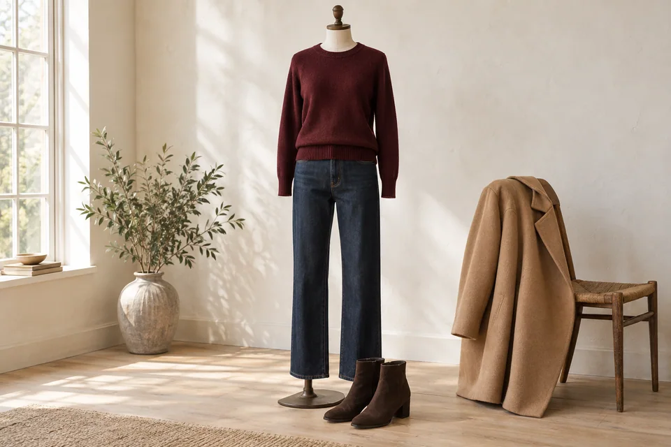 Burgunderroter Rundhalspullover mit dunklen Jeans, braunen Stiefeletten und einem Kamelmantel in einem sonnenbeschienenen Studio