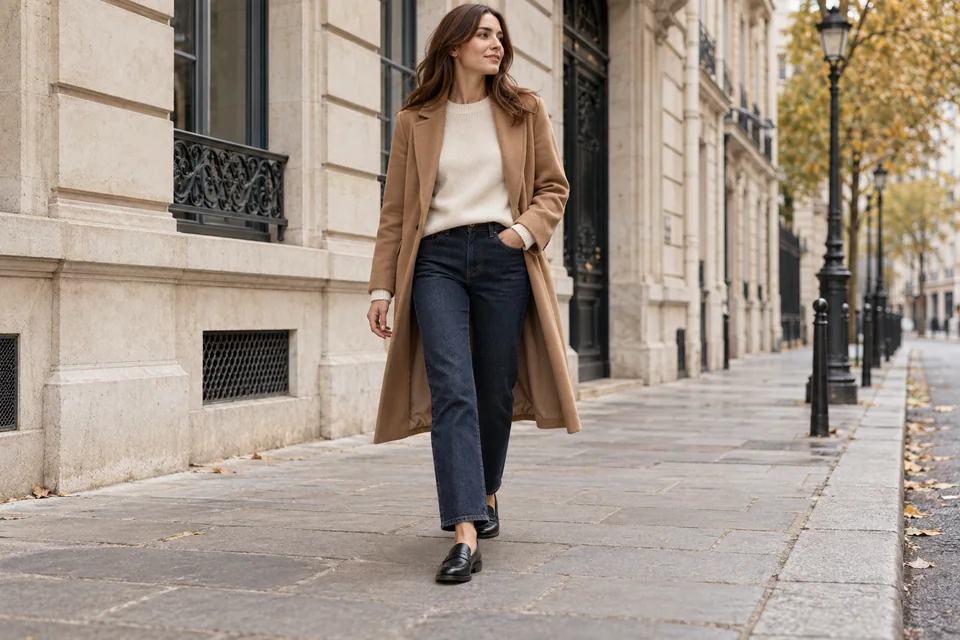 Person walking on a city sidewalk in a camel wool coat, cream knit, dark straight jeans and black loafers