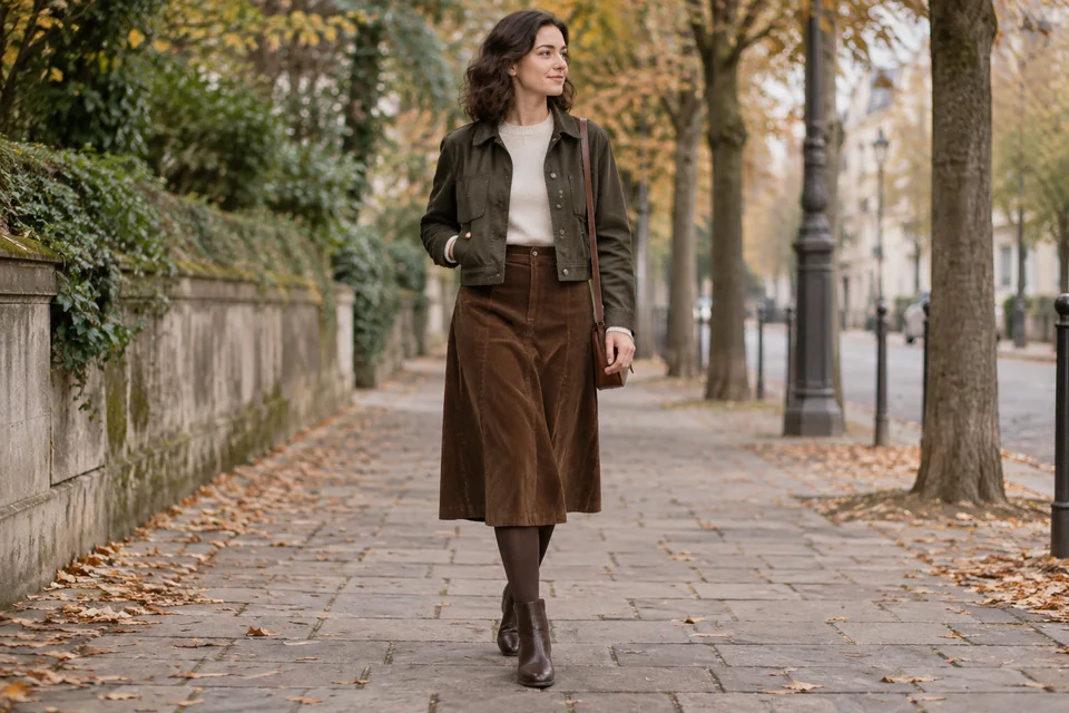 Person, die auf einer herbstlichen stadtstraße in einem schokoladenbraunen corduroy midi rock, stricksahne, olivenjacke und braunen stiefeln spazieren geht.