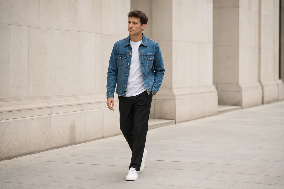 Person wearing a blue denim jacket, white T-shirt, black trousers and white sneakers on a city sidewalk
