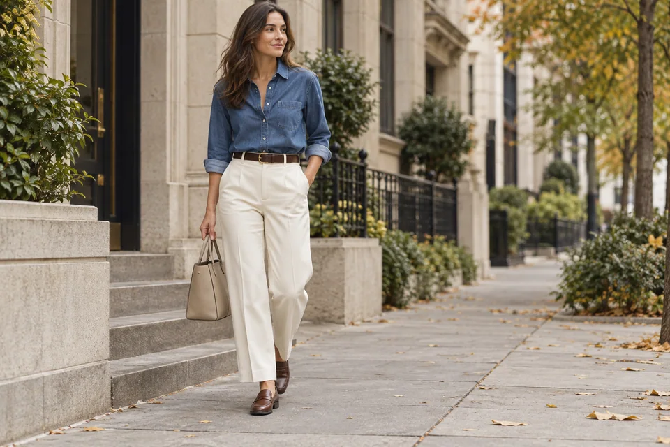 Frau trägt ein blaues Denim-Button-Up-Shirt, eine Elfenbeinhosen und braune Loafers auf einem Bürgersteig der Herbststadt