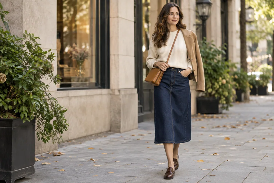 Adult wearing a dark indigo midi denim skirt, cream knit sweater, camel jacket and brown loafers on a city sidewalk