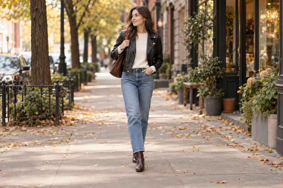 Person, die auf einer herbststrasse in einer schwarzen lederjacke, cremepullover, gerade blaue jeans und braune knöchelstiefel geht.