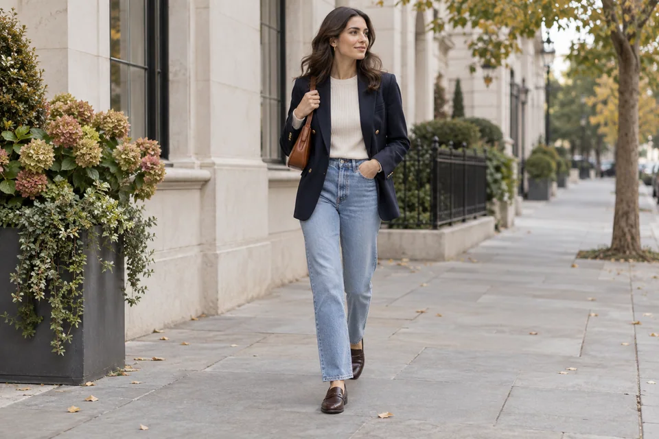 Person, die auf einem Stadtbürgersteig in einem maßgeschneiderten Marine-Blazer, Elfenbein-Strickspitze, hellblaue Jeans und dunkelbraune Loafers geht