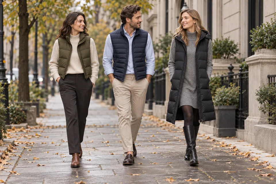 Drei Erwachsene tragen Oliven-, Marine- und schwarze Kugelwesten-Outfits auf einem Bürgersteig der Herbststadt