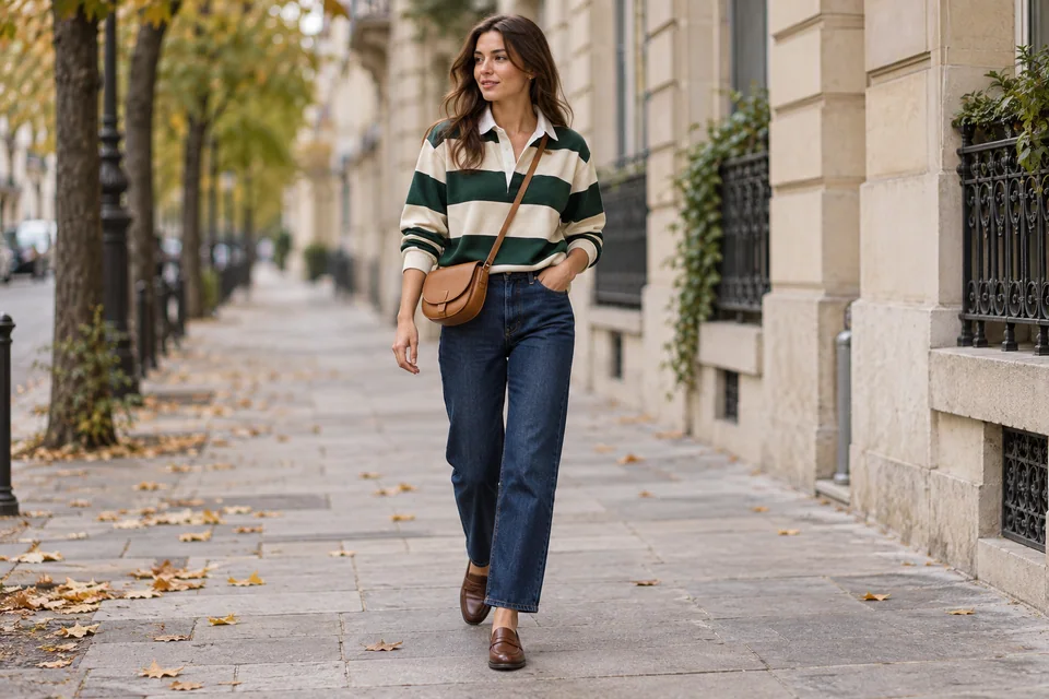 Frau mit creme- und waldgrün gestreiftem Rugbyshirt, dunkler Indigojeans und braunen Loafern auf einem Gehweg in der Stadt