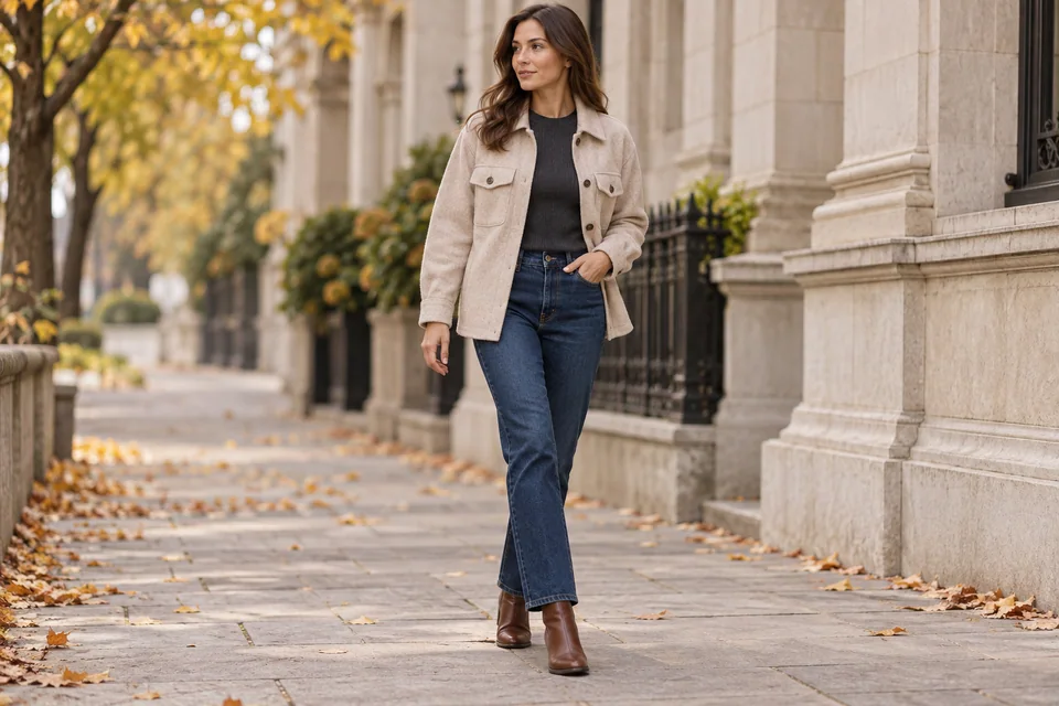 Frau in einer Haferflockenhemdjacke, Holzkohle gestrickt, dunkelblaue Straight Jeans und braune Knöchelstiefel auf einem Herbststadtpflaster