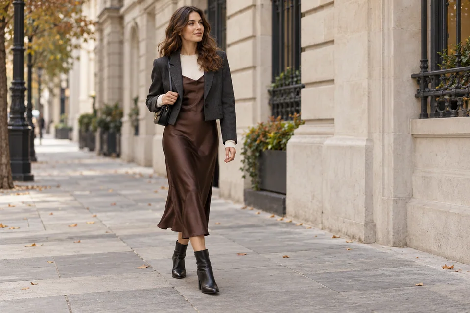 Woman in a chocolate slip midi dress, ivory knit, charcoal blazer and black ankle boots on a city street