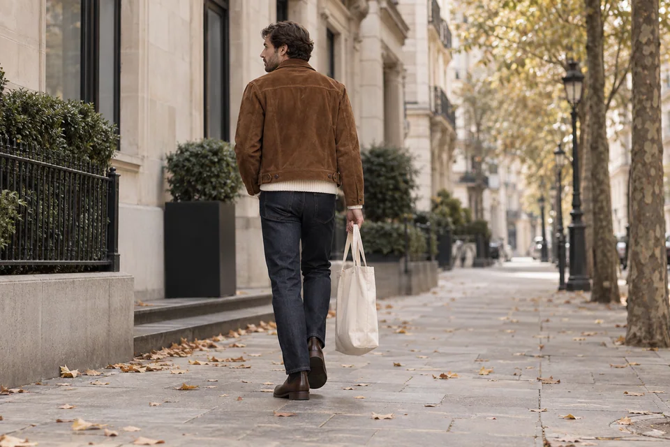 Person, die eine braune Wildlederjacke, Strickstrick, dunkle Jeans und braune Knöchelstiefel auf einer herbstlichen Stadtstraße trägt