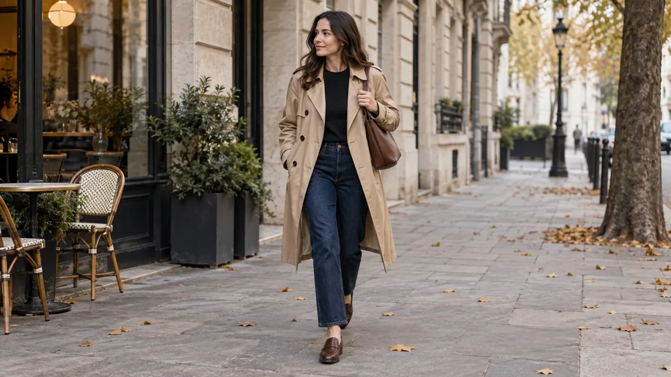 Adult wearing a beige trench coat, black knit top, dark jeans and brown loafers on a city sidewalk