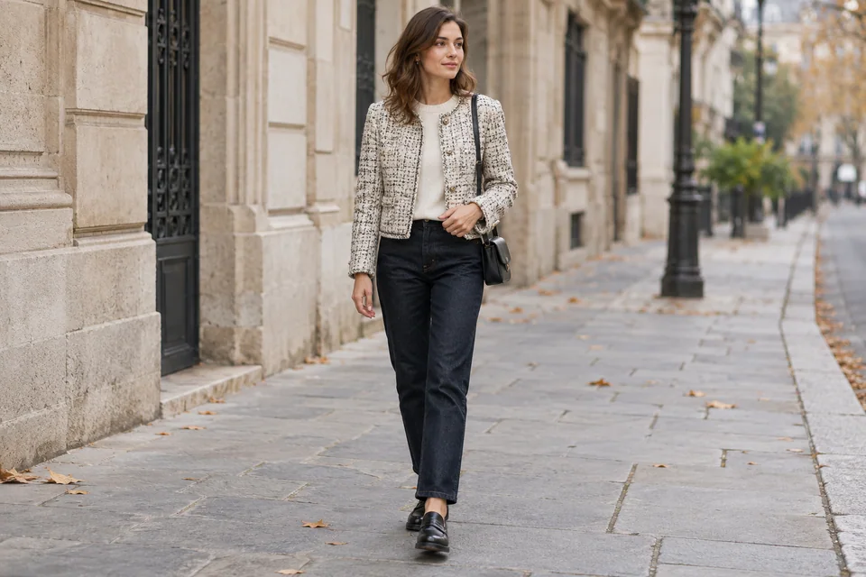 Person walking on a city pavement in a cream and charcoal tweed jacket, ivory knit, dark straight jeans and black loafers