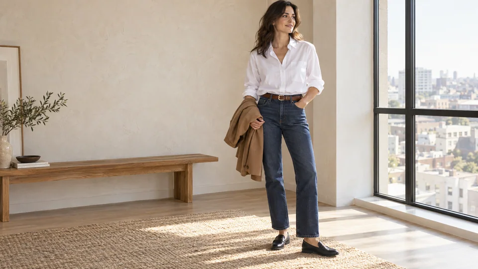 Adult in a white button-down shirt, dark straight jeans and loafers holding a camel blazer near a bright window