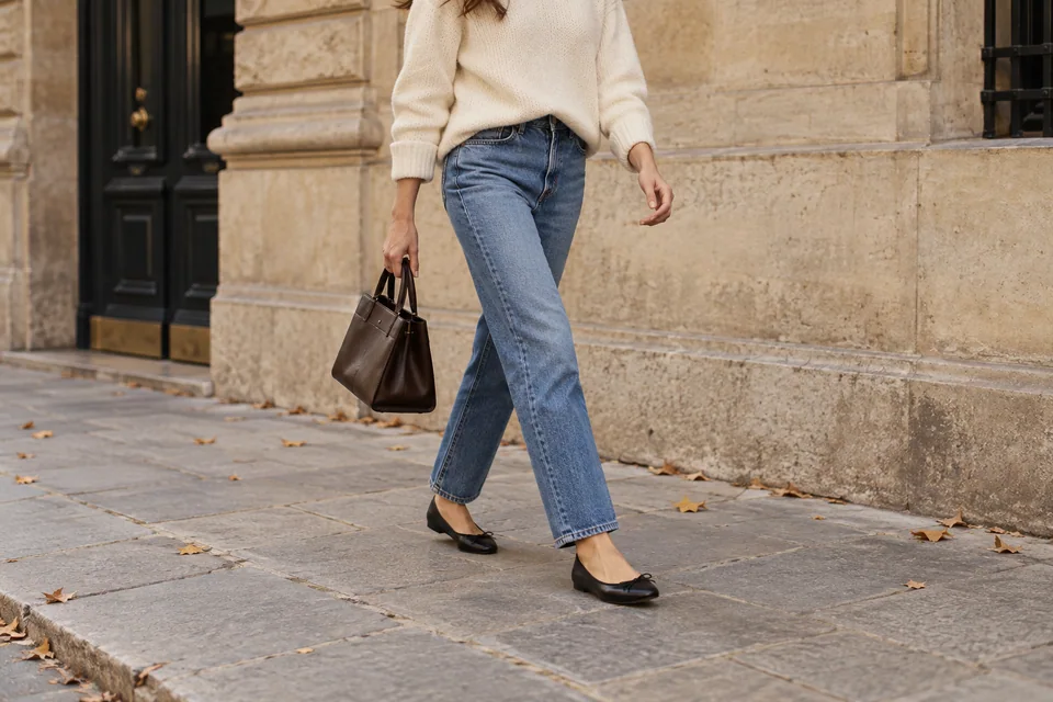 Frau mit cremefarbenem Strick und blauen Jeans geht in schwarzen Ballerinas mit brauner Tasche