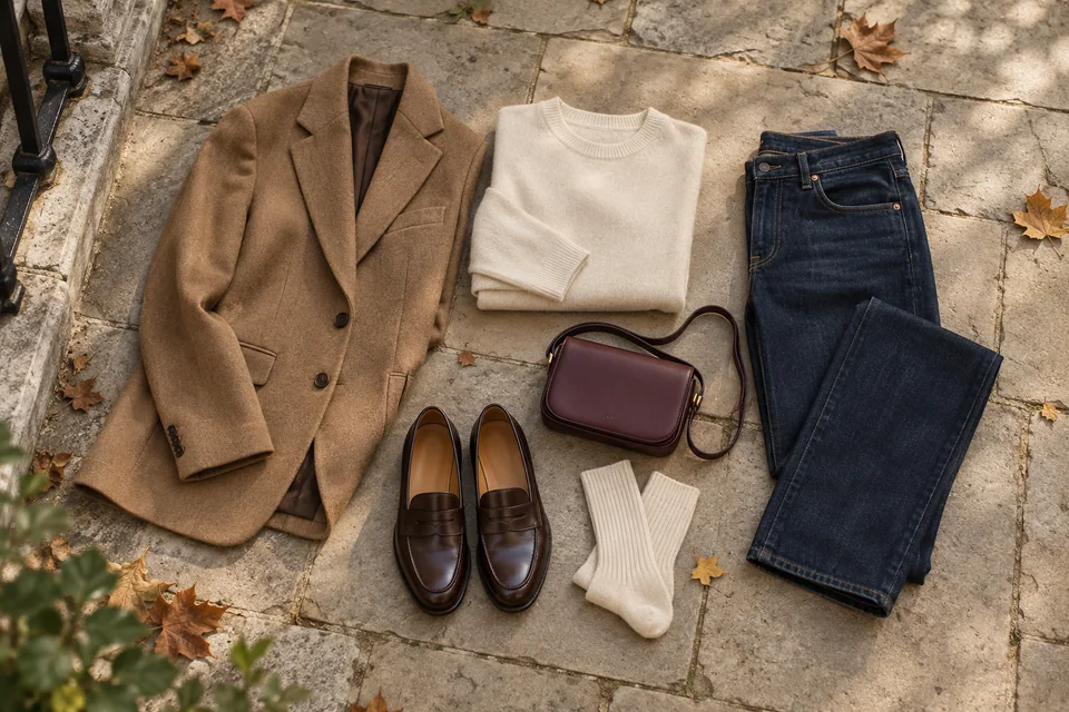 Dunkelbraune Pennyloafer, cremefarbener Strick, kamelfarbener Blazer, indigoblaue Jeans, gerippte Socken und burgunderrote Tasche auf Steinpflaster angeordnet