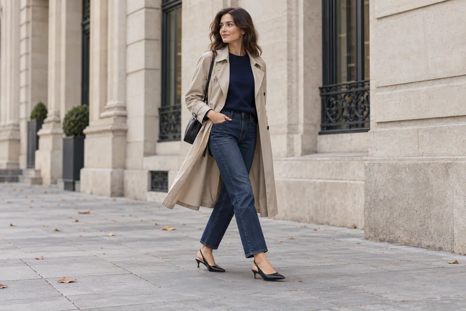 Woman in a stone trench coat, navy knit and dark straight jeans wearing black low-heel slingback shoes on a city pavement