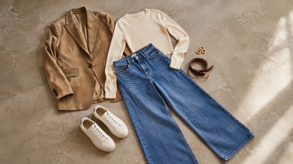 Blue wide-leg jeans with a cream knit top, camel blazer, brown belt, gold hoops and white sneakers on stone