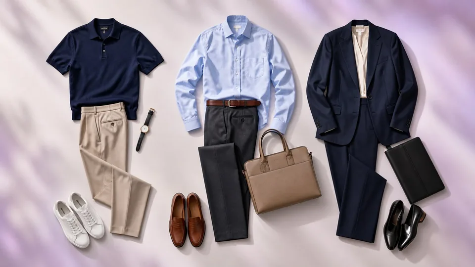 Three professional interview outfit formulas arranged from relaxed professional to business formal