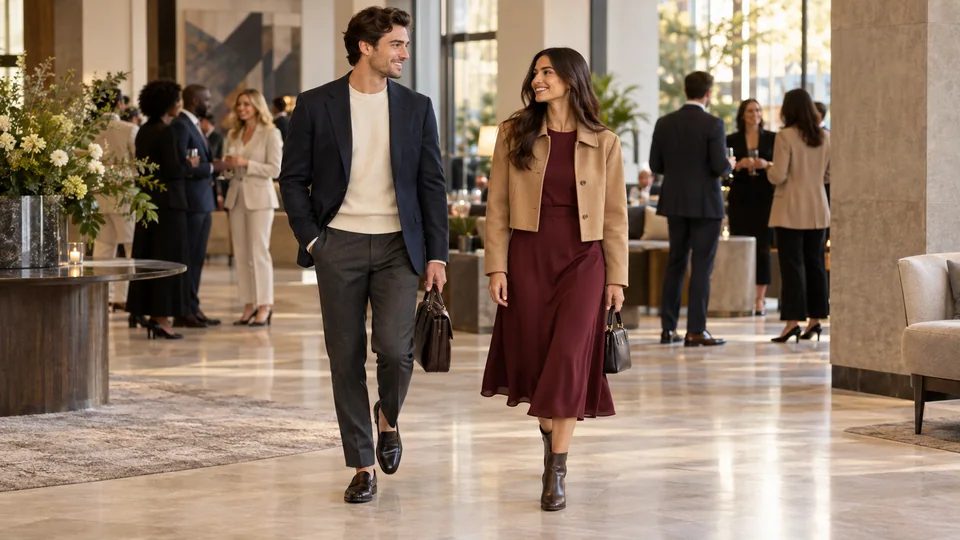 Two professionals in a navy blazer and burgundy midi dress arriving at a modern networking event