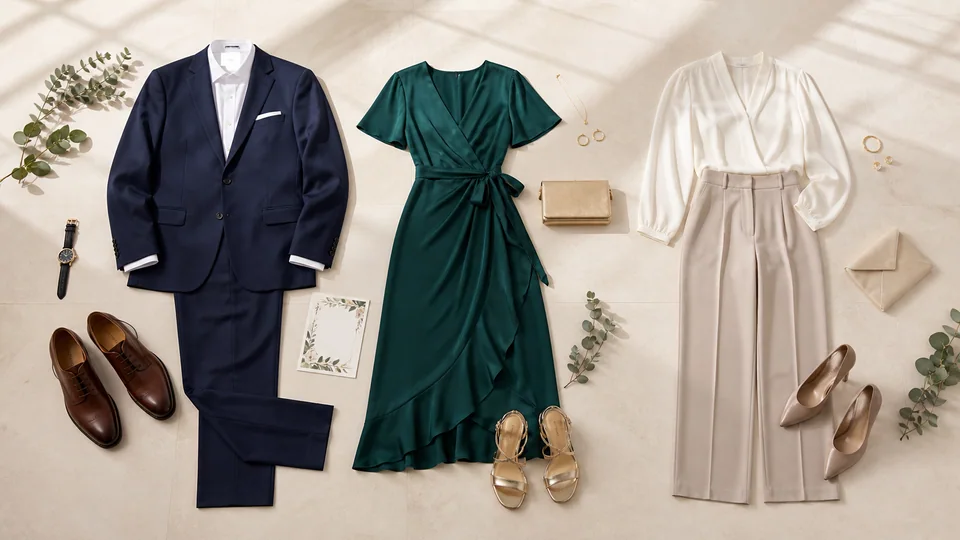 A navy suit, emerald wrap dress, and cream blouse with tailored trousers arranged as wedding guest outfits