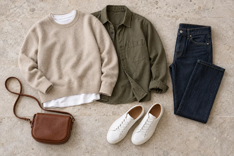 Haferflockenpullover, Oliven-Overshirt, dunkle Jeans, weiße Sneakers und eine braune Crossbody-Tasche für mildes Herbstwetter angeordnet