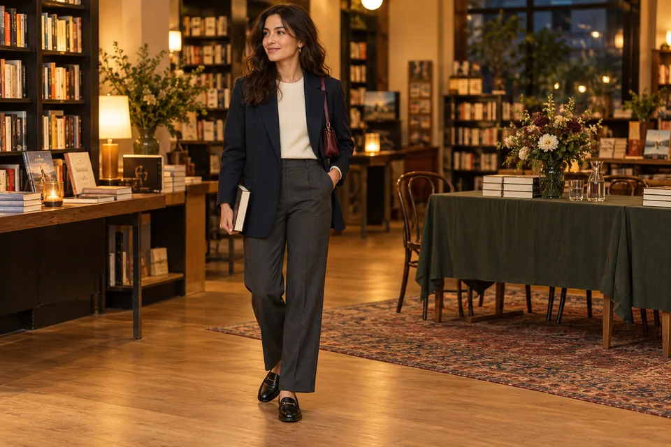 Sıcak ışıklı bir kitabevinde lacivert blazer, ekru triko, antrasit pantolon ve siyah loafer giyen, elinde kitap tutan kişi