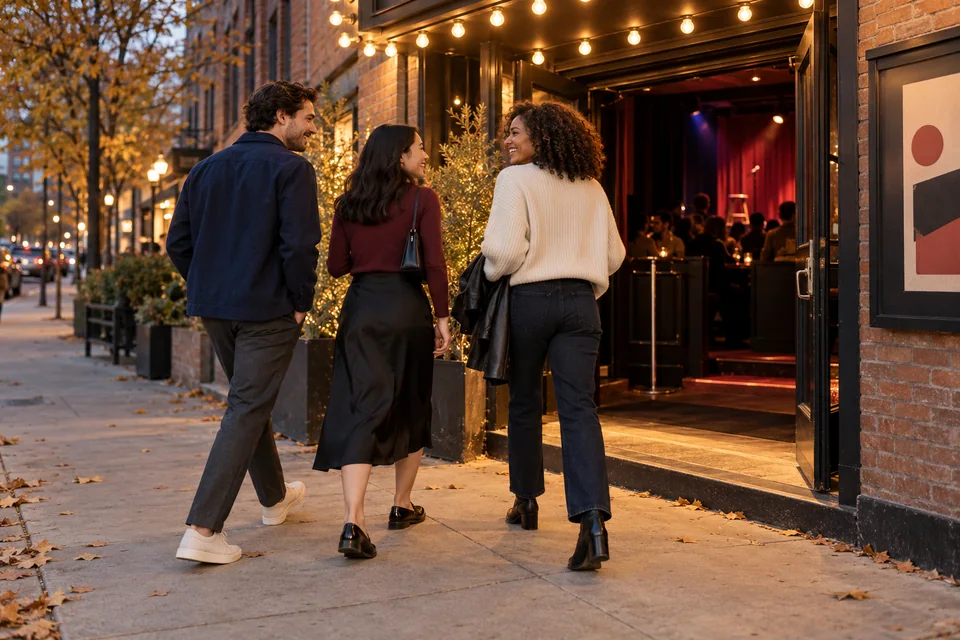Drei Freunde in smarten Casual-Outfits gehen an einem Herbstabend in einen warm beleuchteten Comedy-Club