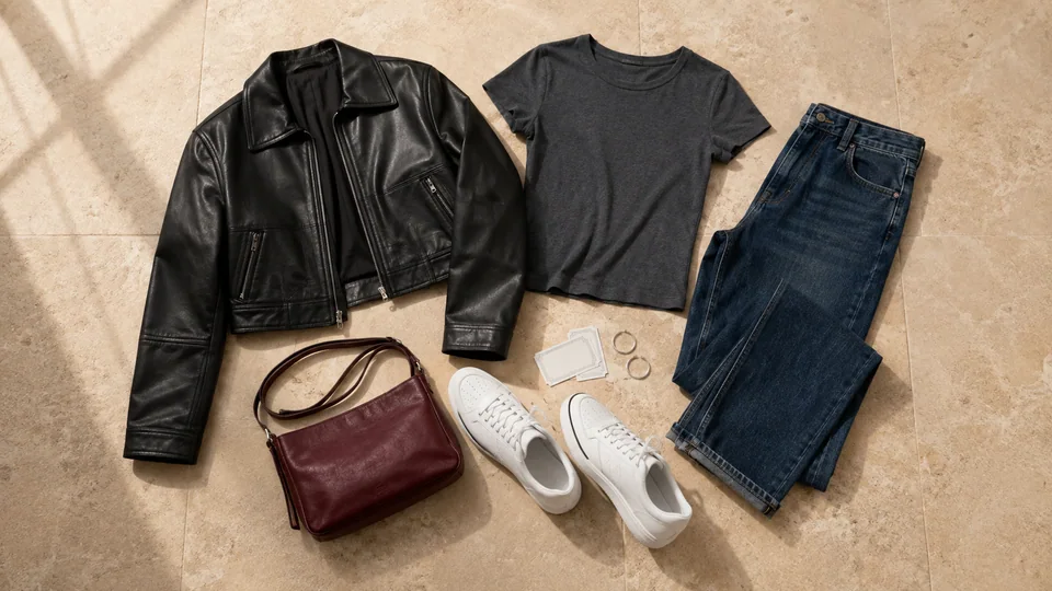 Black leather jacket, charcoal T-shirt, blue jeans, burgundy crossbody bag and white sneakers arranged on stone