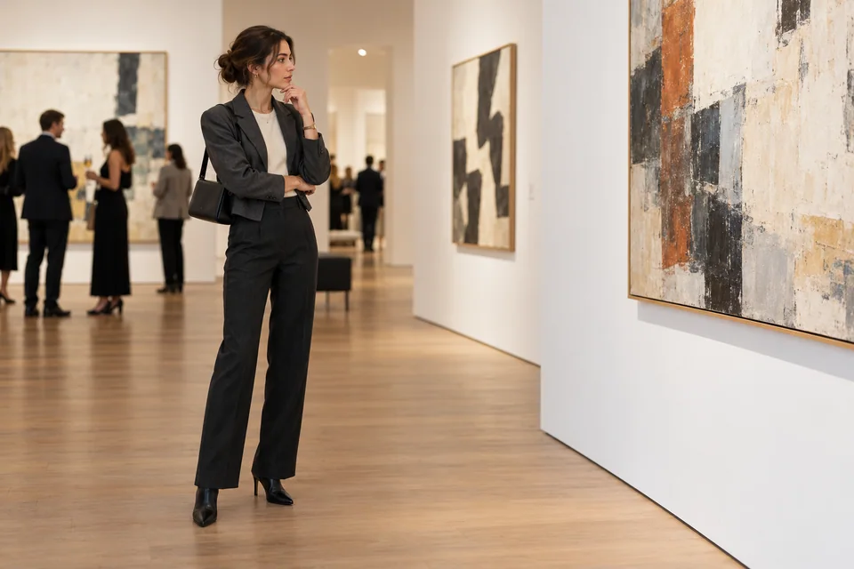 Person in a charcoal cropped blazer, ivory knit, dark trousers and black ankle boots standing in a contemporary art gallery