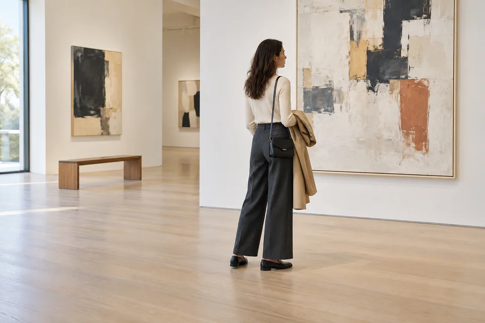 Woman in an ivory knit top and charcoal trousers viewing abstract art in a modern gallery