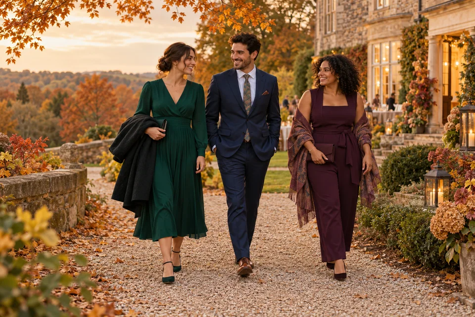 Three wedding guests in an emerald midi dress, navy suit and plum jumpsuit walking along a leaf-covered path to an autumn country-house wedding