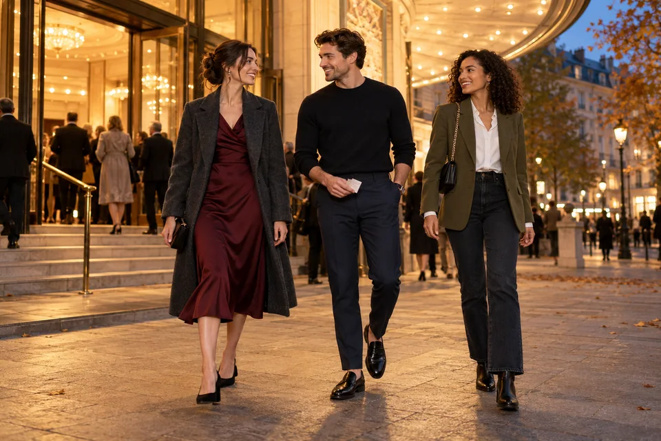 Three friends in a burgundy midi dress, navy trousers and an olive blazer arriving at a warmly lit city theatre on an autumn evening